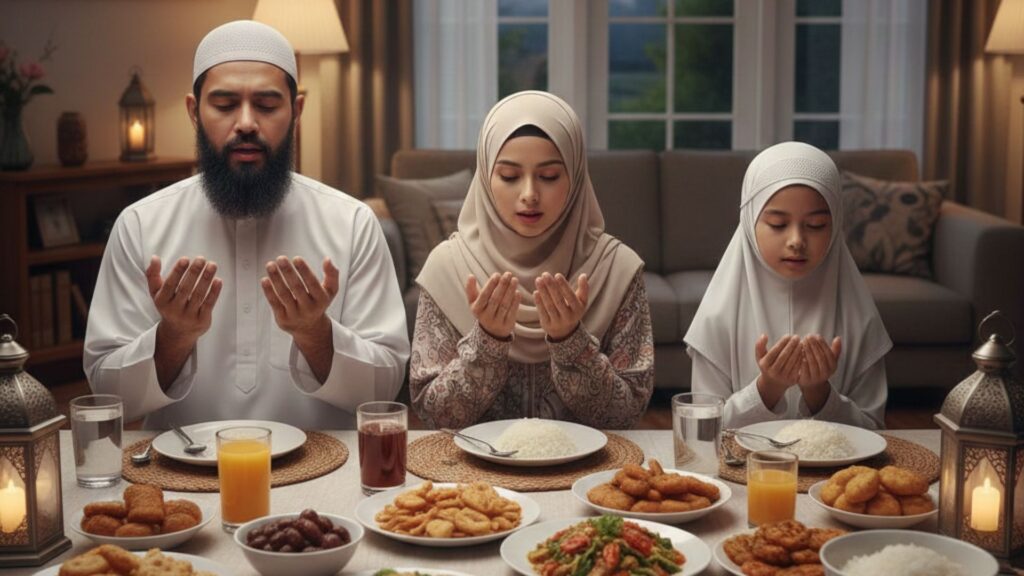 umat Muslim membaca doa buka puasa saat Ramadan