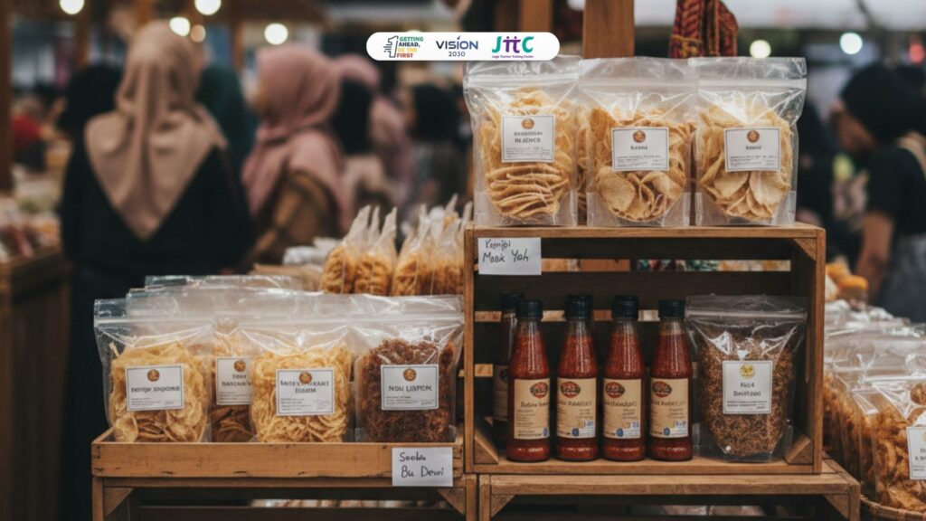 produk makanan kemasan lokal tanpa label halal di etalase UMKM