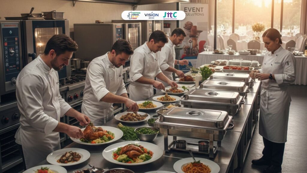Tim jasa katering halal sedang menyiapkan makanan halal untuk event besar dengan standar kebersihan dan kehalalan tinggi.