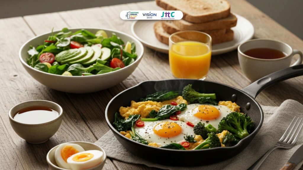 menu sahur praktis berbahan telur dan sayuran hijau di atas meja makan kayu.